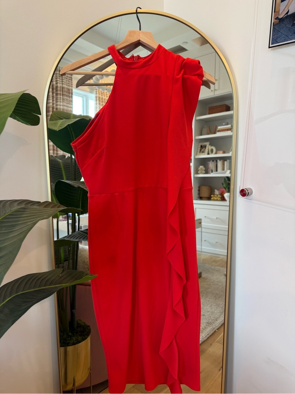 Topshop Red One-Shoulder Ruffle Midi Dress